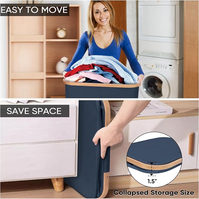 BALEINE Laundry Hamper with Lid, Tall Laundry Baskets with Bamboo Pull Handles, Large Laundry Bin with Internal Support (36 Gal/140L, Blue)