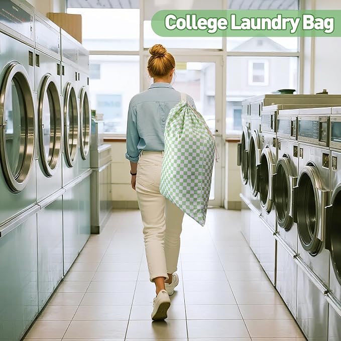 Laundry Bag Backpack for Dorm & Travel, 29 x 18" Large Dirty Bag | Cute Green Checkered College Clothes Pouch with Straps and Handles. Ideal for Apartment, Camp and Portable Bag for Laundromat