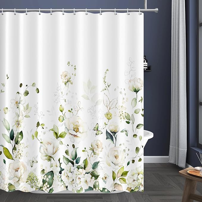 Tititex Blomming Bright White Cream Floral Shower Curtain, Watercolor Green Leaves Plant Bathroom Decoration Shower Curtain Sets 71x71 Inch with Hooks