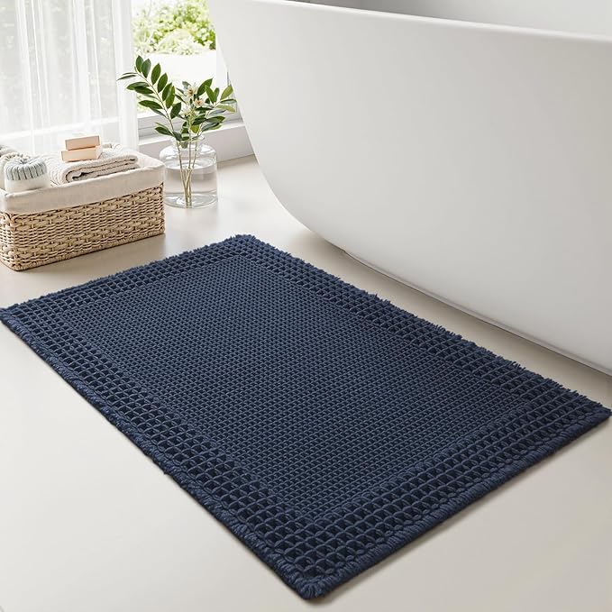 RESARE Waffle Bath Mat for Bathroom, Non Slip Bathroom Rugs 20"x32" Navy | Absorbent Boho Bathroom Floor Mats Machine Washable Quick Dry, Soft Solid Bath Rugs with Tassels, Ideal Farmhouse Home Decor
