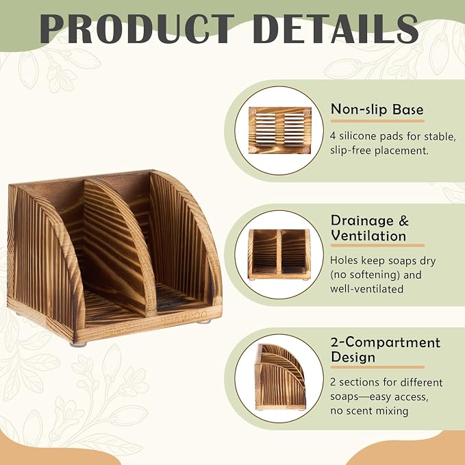 Wooden Shampoo Bar Holder Multi Bar Soap Dish with Self Draining, 2 Slot, Natural Soap Holder for Shower Conditioner Bathroom Organizer, Keep Dry and Neat, 4.33 x 3.35 x 3.15 Inch