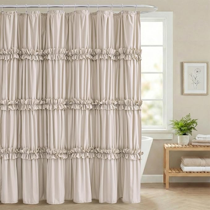 LIPA Boho Shower Curtain Rustic Ruffle Shower Curtain with Ruched & Bow Vintage Farmhouse Shower Curtains for Bathroom Bohemian Bathroom Decor(Beige,72x72 Inches)