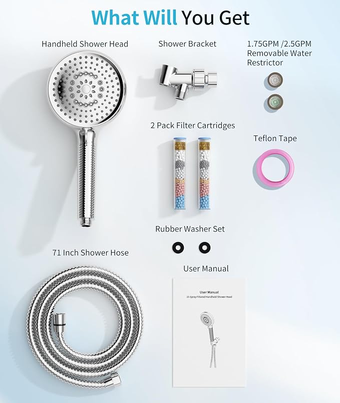 Filtered Shower Head with Handheld, 10 Spray Mode High Pressure Shower Head with Filters, Shower Filter Head for Hard Water, Powerful Spray for Cleaning, 2 Replaceable Filters Included, Chrome