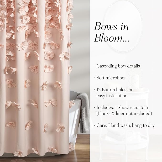 Lush Decor Riley Shower Curtain, 72" W x 72" L, Blush - Bathroom Curtain - Coquette Decor - Bow Shower Curtains - Cottage Core - Fabric Shower Curtains