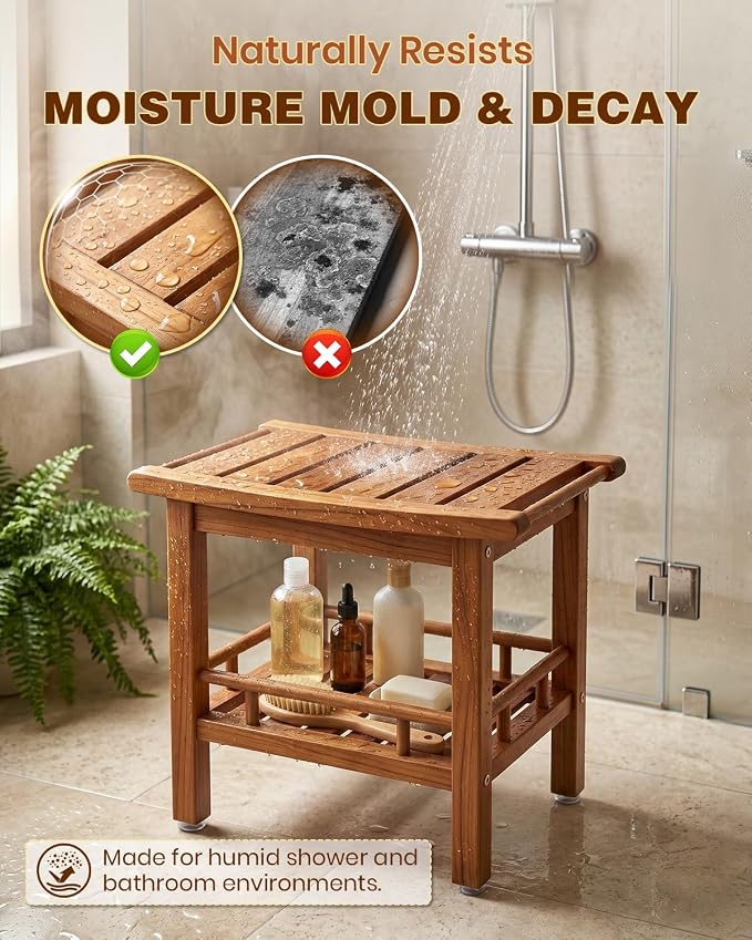 Saker 20inch Teak Shower Bench Wood Shower Stool Waterproof with Shelf | 100% Solid Shower Seat,2-Tier Shelf Non-Slip Feet wooden Shower Chair, 500 lb Capacity for Bathroom, Indoor & Outdoor Use