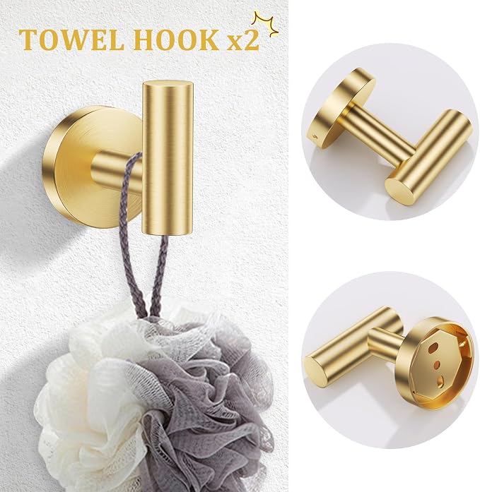 TURS 5-Pieces Brushed Gold Bathroom Hardware Accessories Set SUS304 Stainless Steel Towel Bar Set 23.6inch Wall Mounted Toilet Paper Holder with Shelf