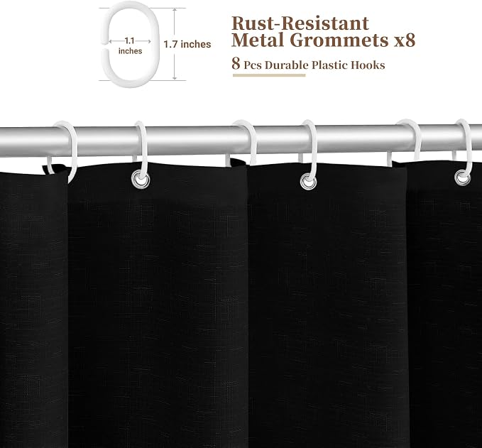 48x72 Boho Scalloped Linen Textured Cloth Shower Curtain Set, Black | Stall Size, 230GSM Waterproof Polyester, Heavy Duty Fabric, 8 Plastic Hooks, Elegant Modern Farmhouse Style, Machine Washable