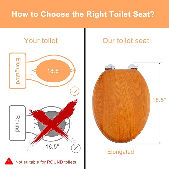 Angel Shield Elongated Toilet Seat Wood Veneer Natural Soft Close | Quick Release Metal Hinges, Adjustable Fit for Standard Elongated Toilets, Easy to Install&Clean