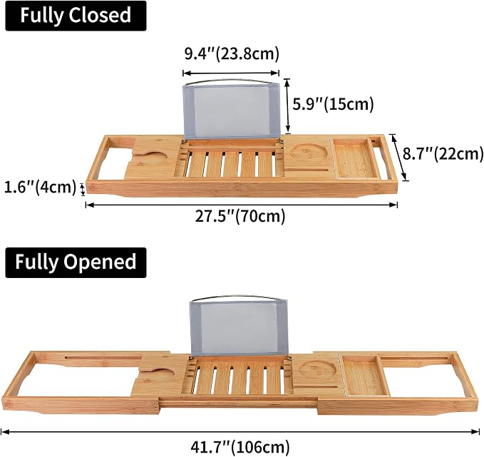 Utoplike Bamboo Bathtub Caddy Tray for Tub, Adjustable Bath Table | Bathroom Organizer with Book Tablet, Wine Glass Cup, Towel Holder