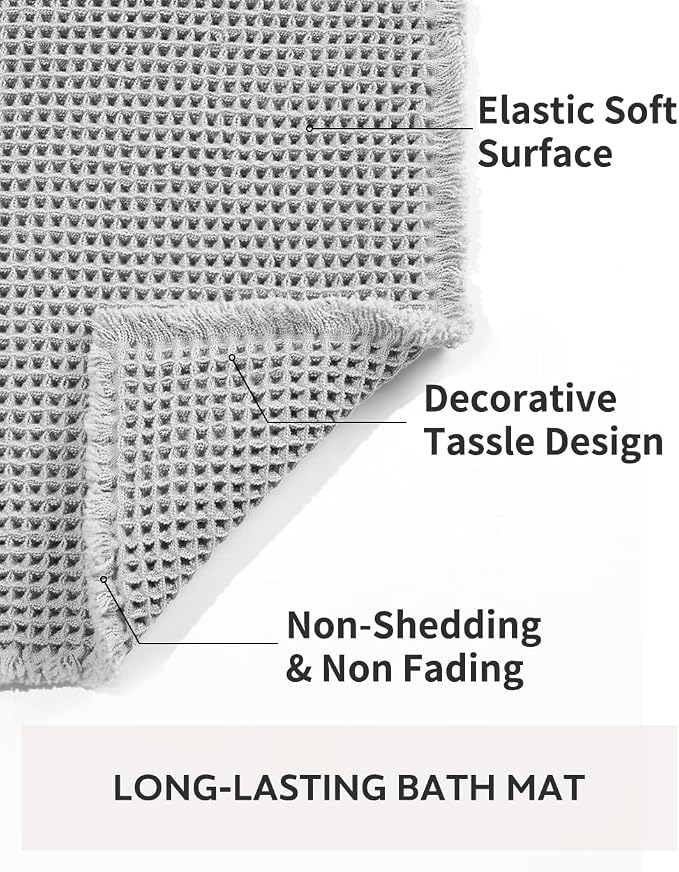 tchdio Waffle Bath Mat Rug, Super Absorbent Non Slip Bath Mats Ultra Soft Bathmat Machine Washable Bathroom Rugs with Tassels, Bath Rugs for Bathroom Floor Beside Tub, 20" x 32", Light Grey