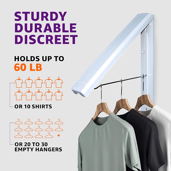 InstaHanger Wall Mounted Clothes Drying Rack - Collapsible, 60lb Capacity | Wall Mounted Laundry Drying Rack Folds Flat When Not In Use - Space Saving Laundry Hanger for Storage