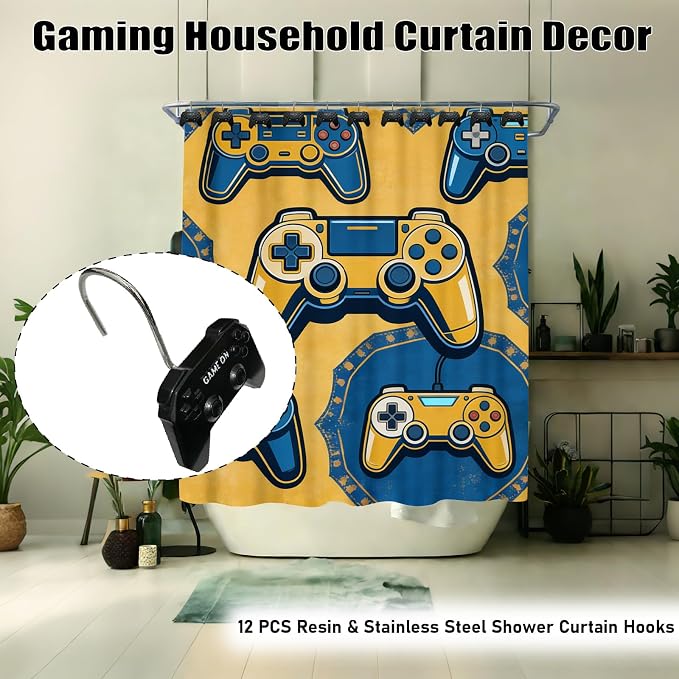 12 Pcs Game Theme Shower Curtain Hooks for Gamers Bathroom Decor | Video Game Controller Curtain Hooks Boys Gaming Bathroom Kids Bedroom Playroom Console Resin and Stainless Steel Hook