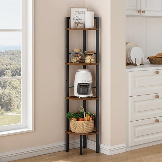 Corner Shelf Stand 4 Tier 48.5" with Metal Frame, Rustic Brown | Industrial Small Corner Shelf Narrow, Multipurpose Tall Corner Bookshelf, Corner Table Bedroom, Living Room, Office, Kitchen