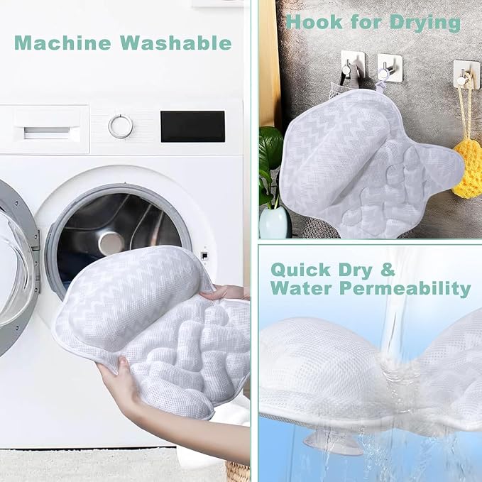 Bath Pillow for Tub,Bathtub Pillow,Bath Pillows for tub Neck and Back Support,4D Mesh Fabric Strong Suction Waterproof Relaxing Headrest,Bath Accessories Spa Gifts