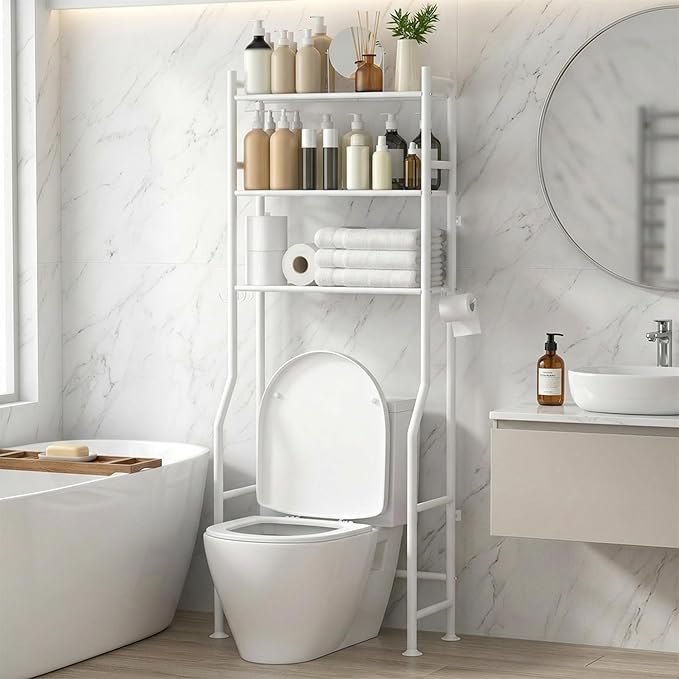 GloTika 3-Tier Over Toilet Storage, Anti-Tilt, 64" H, White | Anti-Tilt Safety System, 150lb Capacity, Carbon Steel, Freestanding, No Drilling, Anti-Rust Coating, Paper Holder & 4 Hooks
