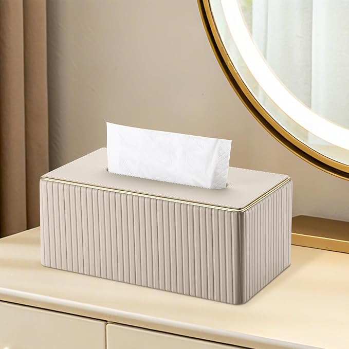 Rectangular Tissue Box Cover, PU Leather Tissue Box Holder with Magnetic Bottom, Napkin & Facial Tissue Holder Dispenser Decorative Box Cover for 120-count (3-Ply) 160-count (2-Ply) Beige