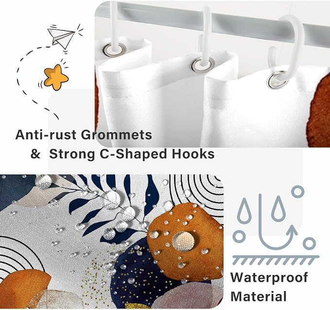 Boho Navy Blue Shower Curtain for Bathroom 60x72 Inch | Waterproof Abstract Blue and Terracotta Shower Curtain Set with Hooks, Mid Century Bathroom Decor