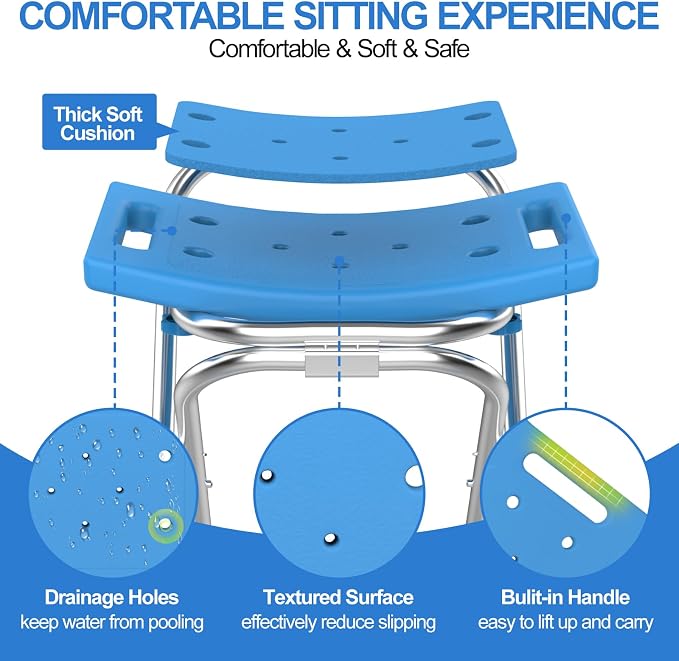 Folding Shower Chair Seat, 17.5" Stainless Steel Small Shower Chair for Inside Shower, 400lbs Portable Travel Shower Stool, Safety Anti-Slip Bath Chair for Seniors, Disabled, Blue