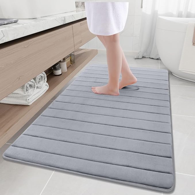 Buganda Memory Foam Bath Mat 59 x 34, Ultra Soft Absorbent Bathroom Rugs | Medium Grey, Machine Washable Quick Dry Bath Mats for Bathroom Floor, Shower and Tub, Home Decor Accessories