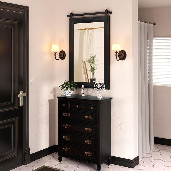 COGOOD Farmhouse Bathroom Mirrors for Over Sink - 30 x 22 Black | Rustic Barn Door Wood Framed Vanity Mirror for Entryway, Living Room, Bedroom, Dresser Wall Decor
