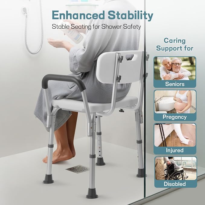 Heavy Duty Shower Chair for Elderly & Disabled with Padded Armrests & Back | Tool-free assembly adjustable height shower seat for inside shower. Provides secure, comfortable support for handicap adults