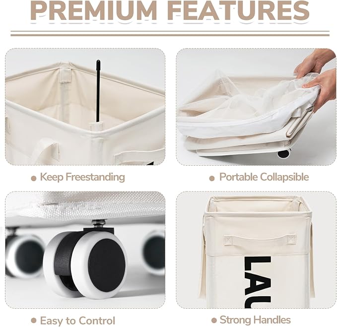 CHICVITA 75L Laundry Basket with Wheels & Handle 2-Pack, Wash Bags, White | Collapsible rolling laundry baskets for dorms and corners. Removable wash bags, easy-carry handles