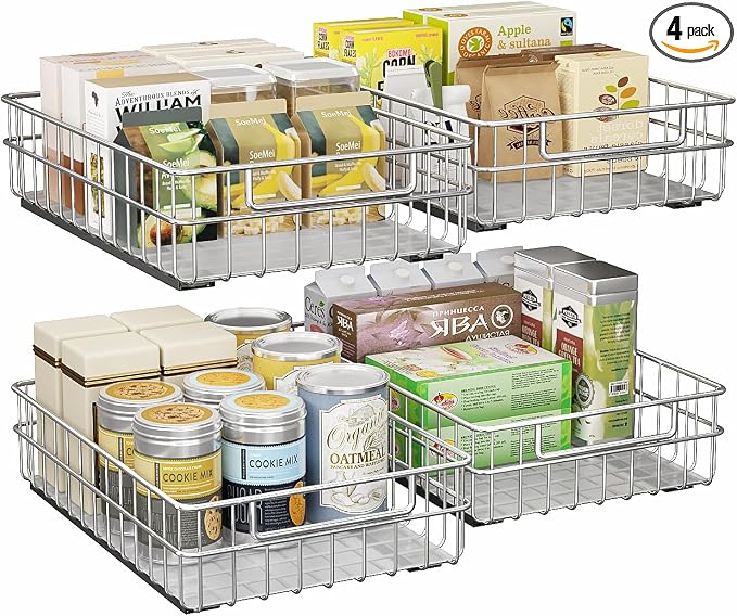 Pull out Cabinet Organizer, Stainless Steel 4-Pack Slide out Drawer with Silent Full-Extension Slides, Adhesive Roll out Can Spice Storage Basket Shelf Rack for Pantry, Kitchen, Bathroom, Home Closet