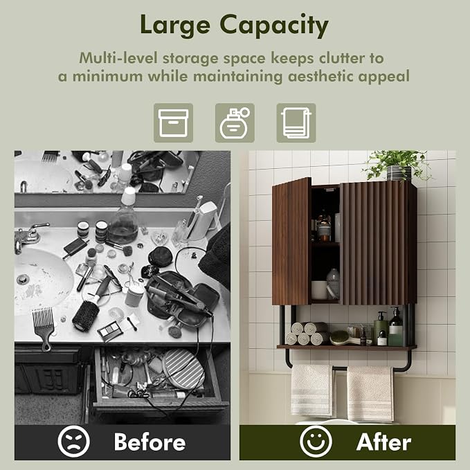 RUSTOWN Fluted Bathroom Wall Cabinet with 2 Doors, 3-Tier Medicine Cabinet | Modern Farmhouse Wall Mounted Cabinets, Over The Toilet Storage Cabinet, Adjustable Shelf and Towel Bar, Medium