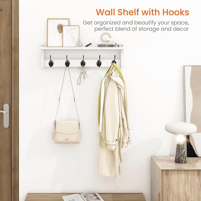 Coat Rack with Shelf Wall Mount, 24 Inch Long Wall Shelf with Hooks Underneath, Wood Hanging Coat Hanger with Hat Shelves for Entryway, Bathroom, Mudroom, White