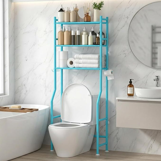 GloTika 3-Tier Over Toilet Storage, Anti-Tilt, 64" H, Blue | Anti-Tilt Safety System, 150lb Capacity, Carbon Steel, Freestanding, No Drilling, Anti-Rust Coating, Paper Holder & 4 Hooks