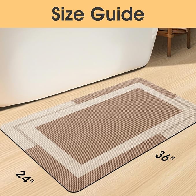 Non Slip Bath Mat, Thin Bathroom Rugs Fit Under Door, Quick Dry Bath Mats, Machine Washable Bath Rugs for Bathroom, Bathtub & Kitchen, Bathtub, Light Brown/Bordered/36 x24