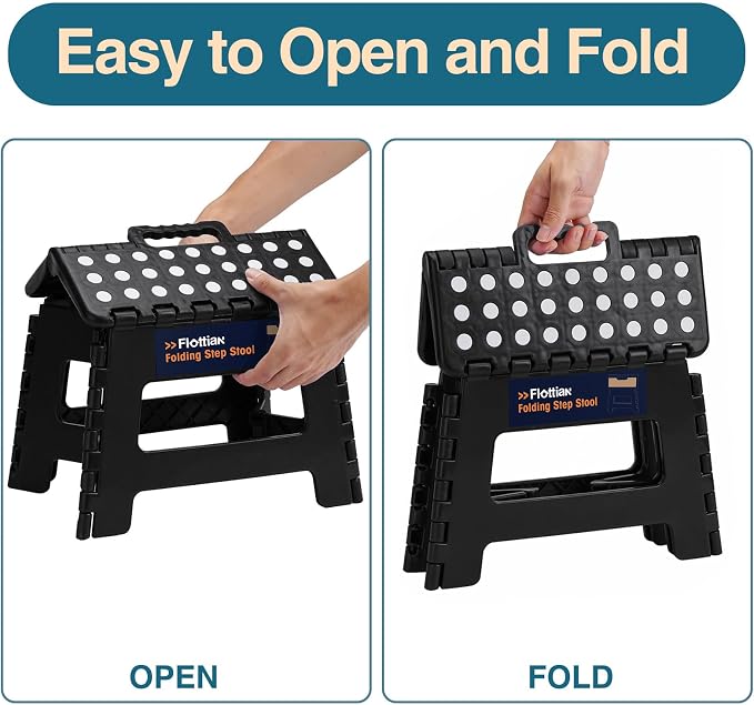 Flottian 9 Inch Folding Step Stool, 300 Lbs Capacity Non-Slip Plastic Step Stool with Portable Handle for Adults and Kids, Compact Foldable Stool for Kitchen Bathroom Bedroom, Black,1PC