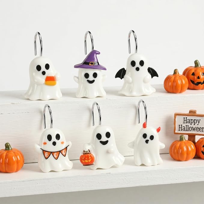 Halloween Shower Curtain Hooks 12 Pcs Ghost Pumpkin Decor Set | Resin Metal Standard Size, Smooth Gliding Rustproof, Bat Skull Spider Cat Designs, Bathroom Festive Home Accents