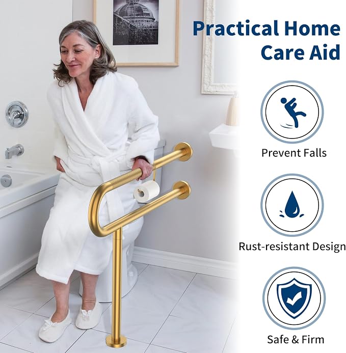 ZUEXT 31.5x28 Inch Gold Knurled Toilet Grab Bar with Toilet Paper Holder | Wall to Floor, Anti-slip Handicap Grab Bar, Stainless Steel Bathroom Support Rail with Leg, For Elderly Disabled Pregnant