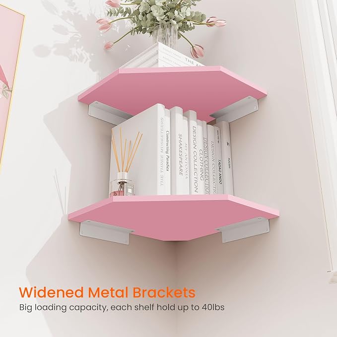 Corner Floating Shelves, Corner Wall Shelf with Cord Hole, 2 Tier Wood Hanging Corner Shelf for Bathroom, Bedroom, Living Room, Pink