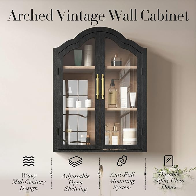 FIMELLO 47.2’’W Wave Design Arched Wall Cabinet, Bathroom Cabinet with Glass Doors Adjustable Shelf, Above Toilet Cabinet, Kitchen Wall Cabinet, Wall Bookshelf, Black Grain