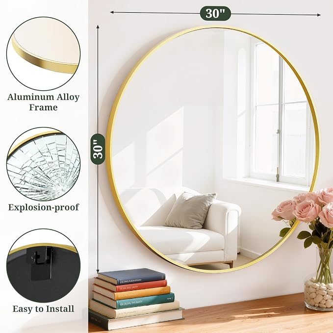 Round Wall Mirror 30 Inch Gold Vanity Mirror with Metal Frame | Modern Circle Wall Mounted Decorative Mirrors for Bathroom, Entryway, Bedroom, Living Room