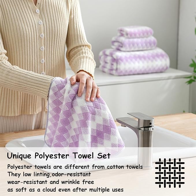 12 Pcs Light Purple Diamond Towel Set-4 Bath Towels,4 Hand Towels,4 Washcloths Soft Polyester Bath Towel with Loop Absorbent Shower Towel Quick Dry Family Towels for Bathroom Spa Gym