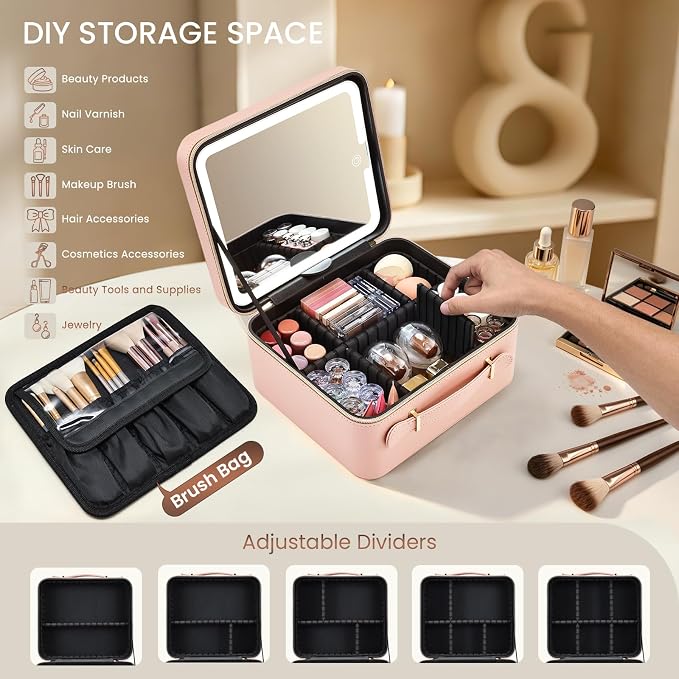 Faquenc Leather Makeup Bag with LED Lighted Mirror 9.64 Inch Travel Makeup Organizer Bag Adjustable Brightness in 3 Colors Cosmetic Case Artist Storage Bag with Dividers Brush Holder Bag Vanity Pink