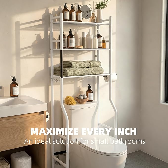 GloTika 3-Tier Over Toilet Storage, Anti-Tilt, 64" H, White | Anti-Tilt Safety System, 150lb Capacity, Carbon Steel, Freestanding, No Drilling, Anti-Rust Coating, Paper Holder & 4 Hooks