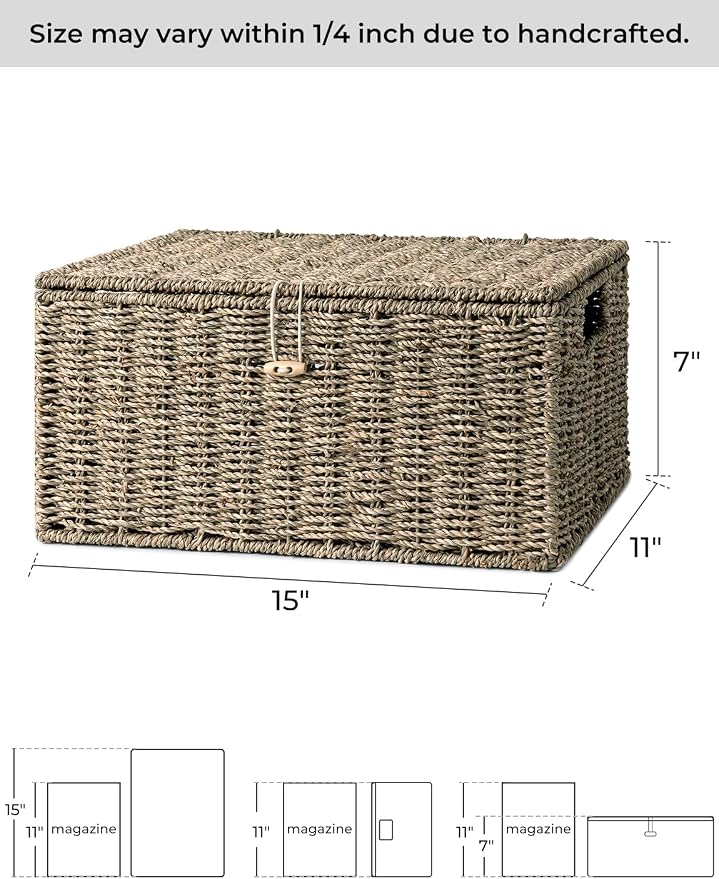 StorageWorks Wicker Basket with Lid, Baskets for Shelves, Seagrass | Woven Baskets with Lids for Shelves, Wicker Storage Baskets with Lids, Decorative Box, Lidded Baskets for Organizing, 1 Pack