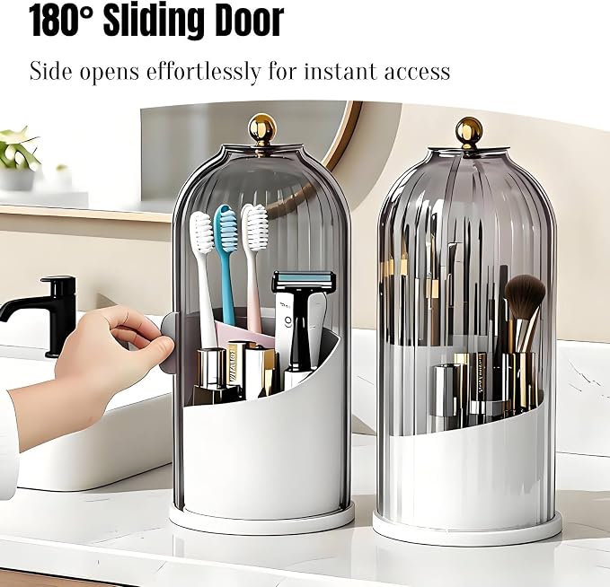 JEESA Dustproof Toothbrush Holder with Cover, Grey/White | 360° Rotating, 180° Sliding Lid, 3 Slots, Toothbrush Organizer, for Bathroom Countertop