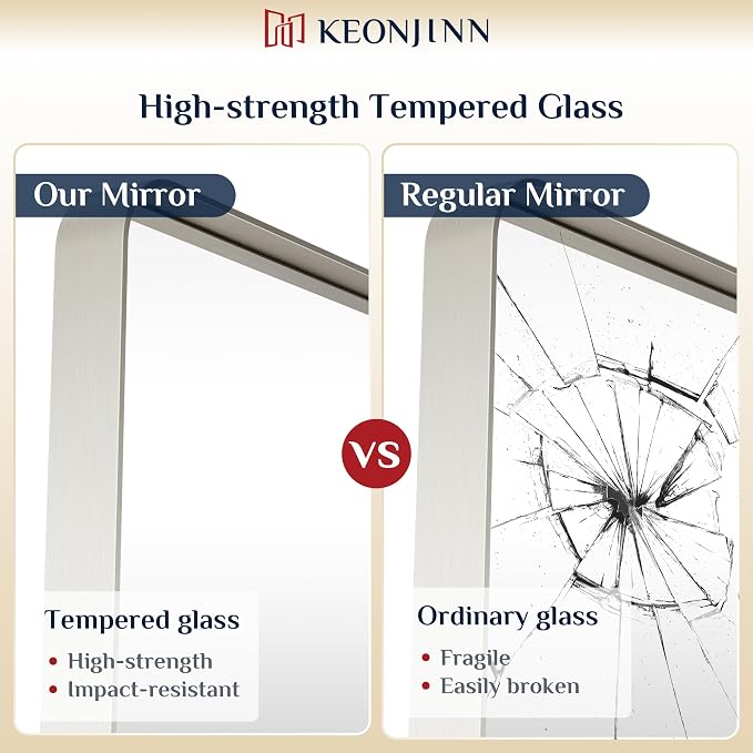 Keonjinn 42 x 36 Inch Brushed Nickel Bathroom Vanity Mirror, Tempered Glass | Rounded Rectangle Vanity Mirror, Silver Bathroom Mirrors for Over Sink, Rust-Resistant Aluminum Frame, French Cleat Mount