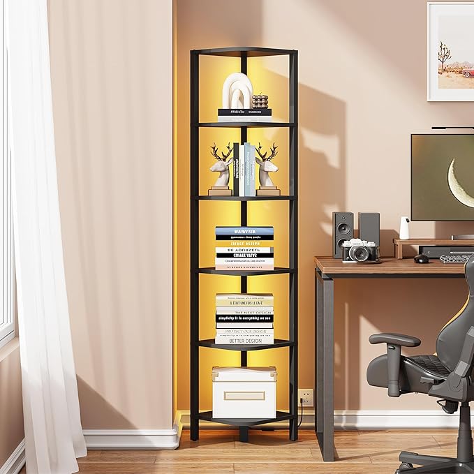 TUTOTAK Corner Shelf with LED Light, 6-Tier Corner Bookshelf | for Small Space, Narrow Display Corner Shelf Stand with Storage Rack, for Living Room, Bedroom, Black BS08BK006L