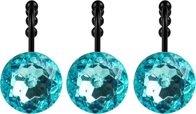 Sunlit Luxury Design Round Teal Blue Diamond Crystal Gem Bling with Glide Balls Shower Curtain Hooks, Rust Proof Metal Rhinestones Glam Shower Curtain Rings with Black Hooks, Set of 12