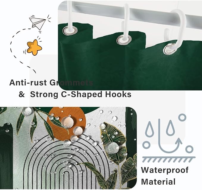 Abstract Boho Green Stall Shower Curtain with Hooks 36x72 Inch | Waterproof Small Emerald-green Leaves Bathroom Curtain for Shower Stall, Machine Washable