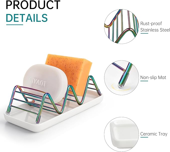 Stainless Steel Soap Dish Draining Soap Holder with Ceramic Tray, Colorful | Reversible Design Fits 2-3 Bars, Rustproof, Easy to Clean, Space Saving, Non Slip, for Bathroom, Shower, Kitchen