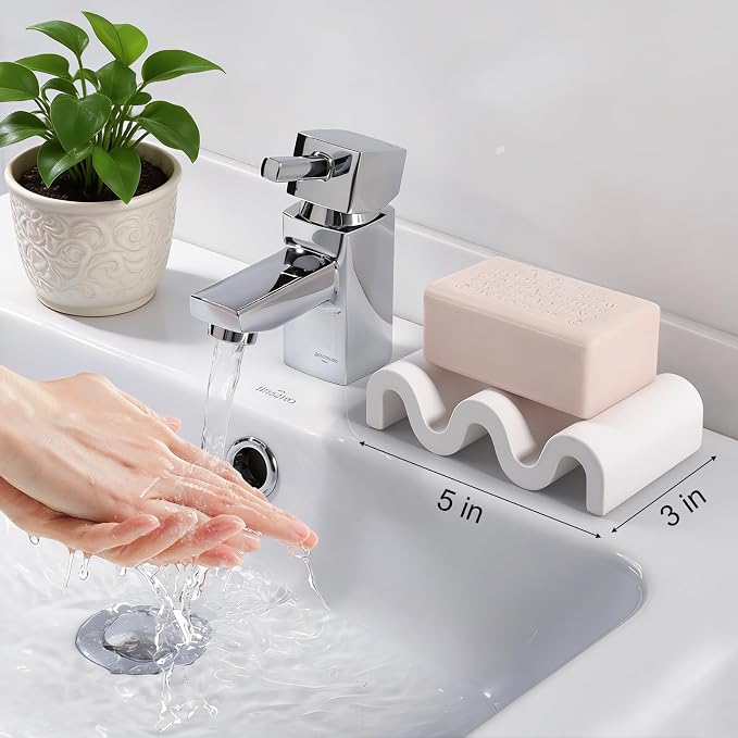 Diatomite Soap Dish Bar Soap Holder Wave Texture Sponge Tray, White | Quick Drying, Self Draining Design Helps Keep Bar Soap Dry for Bathroom Sink, Shower & Kitchen