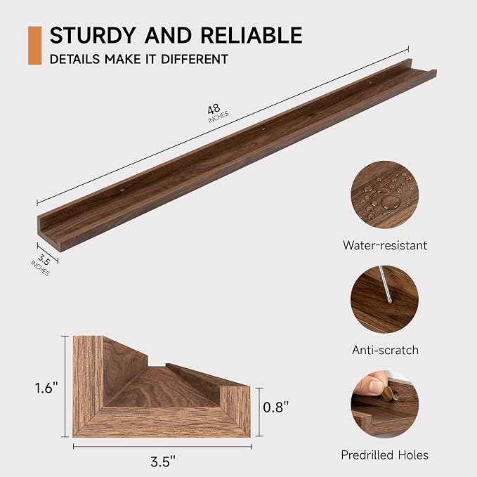 Fun Memories Picture Ledge Shelf for Wall, Floating Shelves Set of 4, 48 Inch Long Nursery Book Shelves for Toys Storage, Kids Bookshelf Wall Mounted for Books Photo Frames, Walnut