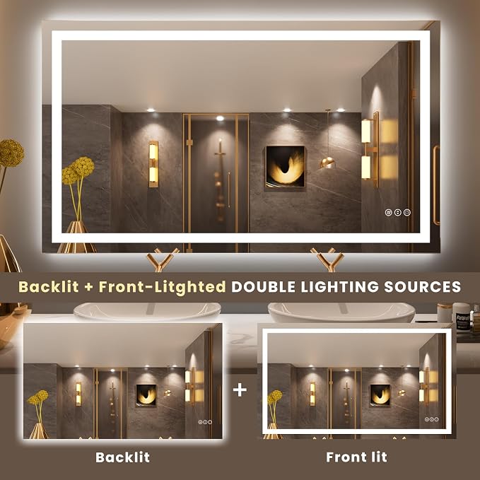 LOAAO 50"X30" LED Bathroom Mirror with Lights | Anti-Fog, Dimmable, 3 Color Temperature, Backlit + Front Lit, Memory Function, Tempered Glass, UL Listed